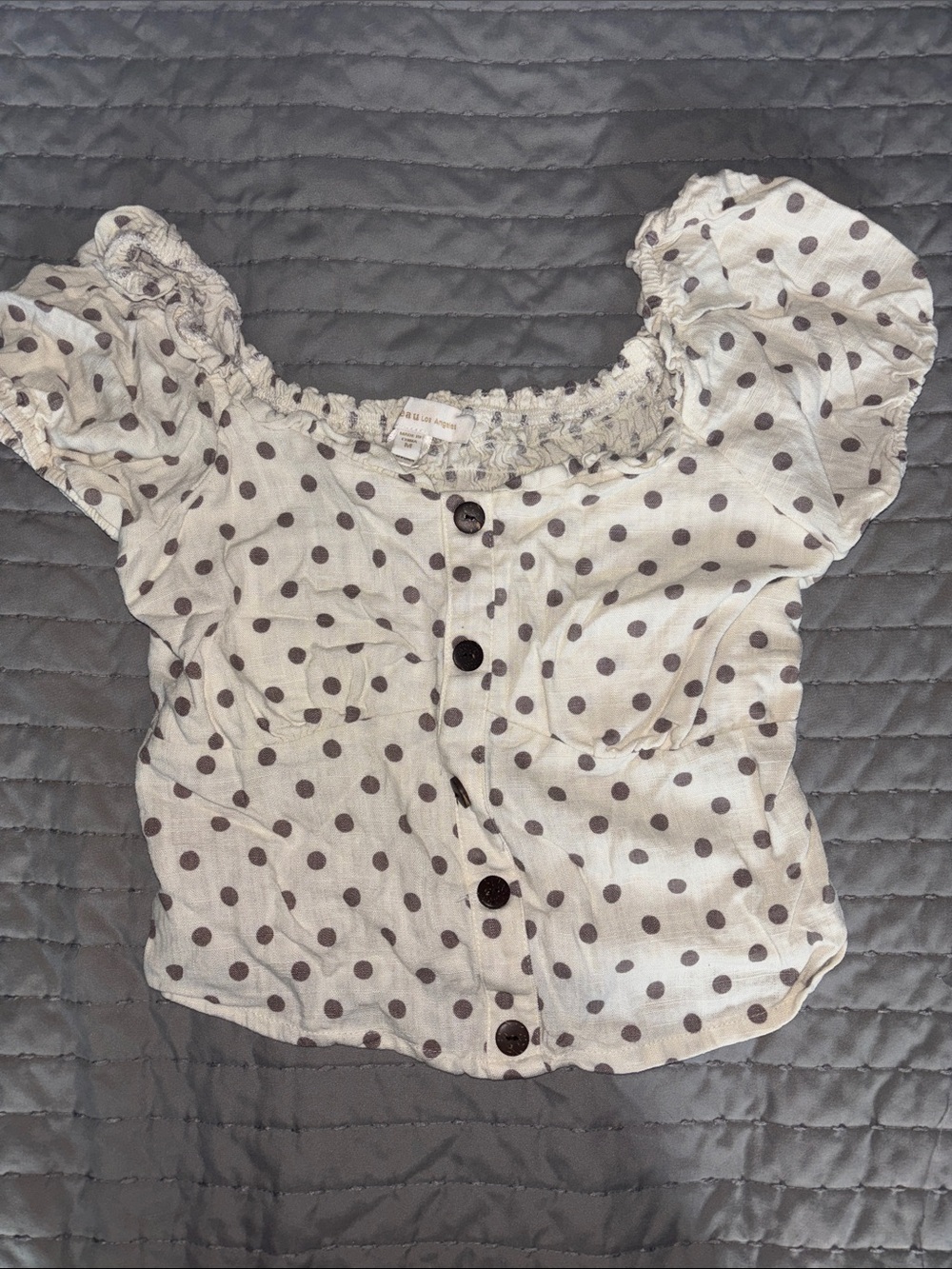 Monteau White Puff Sleeve Polka Dot Button-Front Top